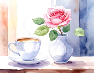 Rose and Coffee on a Sill