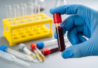 A gloved hand in bright blue nitrile holds a blood sample tube with a red cap, with a yellow test tube rack and additional samples and pipettes. Generative AI.