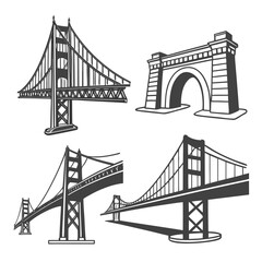 Collection of iconic suspension and arch bridges in a stylized black and white silhouette design perfect for architectural and travel themes