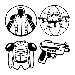 Collection of stylized black and white icons representing futuristic technology and protective gear including a drone a full body suit a torso armor and a handgun
