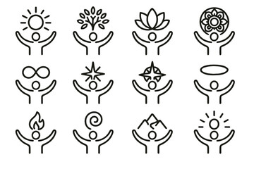 Spiritual Icon Collection. Spiritual open arms icons in outline style: radiant sun, tree of life, lotus flower, mandala circle, infinity loop,