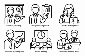 Finance and Analysis Icons. Situations icons in outline style: economist presenting findings, manager showing report, investor analyzing data,