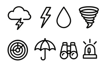 Weather Icons Collection. Objects icons in outline style: storm cloud, lightning bolt, rain droplet, tornado icon, radar screen, umbrella, binoculars