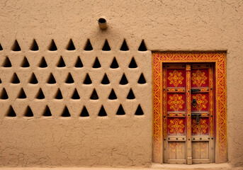 A traditional mud building features a grid pattern of triangular holes on the left and a vibrant red wooden double door with an intricate yellow and red painted border on the right. Generative AI.