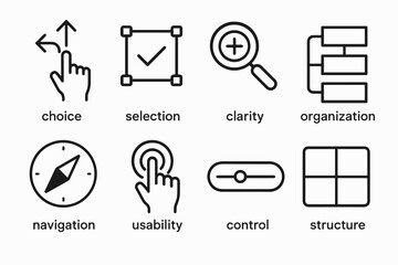 Concept Icons Overview. Concepts icons in outline style: choice, selection, clarity, organization, navigation, usability, control, structure