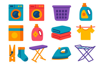 Modern Laundry Essentials. Laundry basics in modern flat vector : washing machine, dryer, laundry basket, detergent bottle, detergent box, fabric