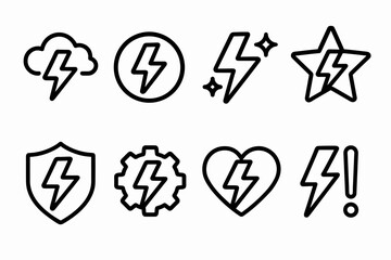 Iconic Bolt Symbols. Symbols icons in outline style: bolt with cloud, bolt with circle, bolt with sparkles, bolt with star, bolt with shield, bolt
