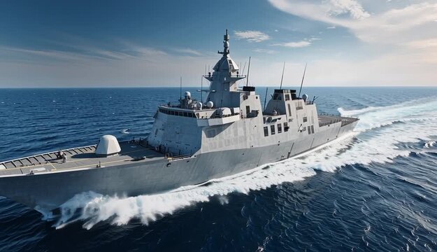 Modern naval frigate warship sailing at speed through blue ocean waters with white wake trail, sleek gray military vessel with 

stealth design features, radar systems and weapons platforms
