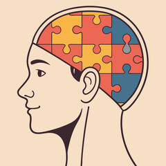 Stylized profile of a human head with a brain depicted as a colorful jigsaw puzzle in profile view against a plain background representing thought processes and mental connections