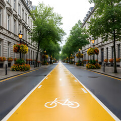 A straight street in a European city features a bright yellow bicycle lane with a white bicycle icon down the center, flanked by wet gray pavement, classic stone buildings. Generative AI.