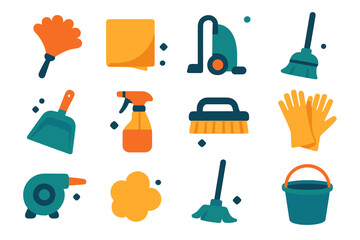 Minimalist Cleaning Tools. Basic dust removal in modern flat vector : feather duster, cleaning cloth, vacuum cleaner, broom, dustpan, spray bottle,