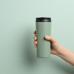 A hand, belonging to a young adult female, holds a tall, matte, sage green travel mug with a black lid against a solid, pale mint green background with ample negative space on the left. Generative AI.