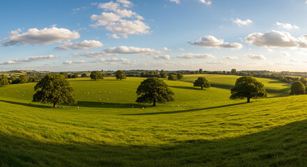 Fototapeta premium Rolling meadow with scattered oak trees