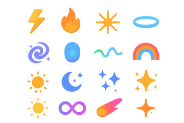 Fototapeta premium Modern Isometric Effect Icons. Vibes and effects set icons in modern isometric flat : lightning bolt, fire flame, spark burst, neon glow, galaxy swirl