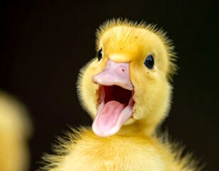 Close-up of a yellow duckling with open beak