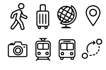 Travel Icon Set. Travel walk icons in outline style: walking pose, suitcase, globe, map pin, camera, train, bus, path arrow.