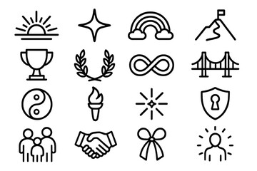 Resilience Icon Collection. Themes of resilience icons in outline style: sunrise horizon, guiding star, rainbow arc, mountain trail, trophy, laurel