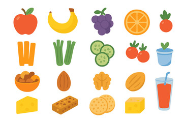 Vibrant Healthy Snack Icons. Healthy snacks in modern flat vector : apple, banana, grapes, orange slice, carrot sticks, celery, cucumber slices,