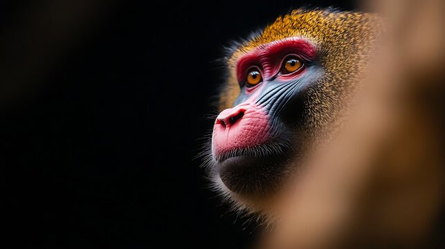 Closeup portrait of a mandrills face with vibrant red and blue markings