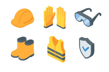 Isometric Safety Icons. Safety essentials set icons in modern isometric flat : helmet, gloves, goggles, boots, vest, shield