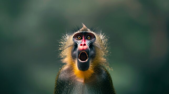 A mandrill monkey with its mouth wide open, showing a surprising expression