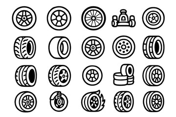 Various Wheel Icons. Wheel basics icons in outline style: car wheel, motorcycle wheel, bicycle wheel, go-kart wheel, rally tire, slick race tire,