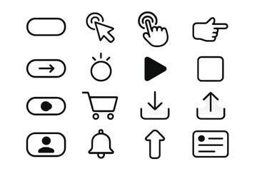 Action Icons Set. Action basics icons in outline style: action button, click cursor, tap hand, pointing finger, arrow button, glowing button, play