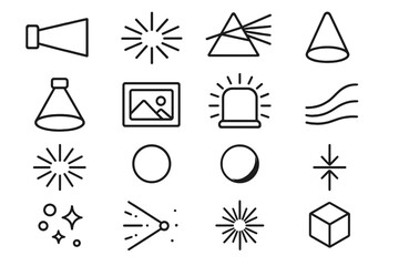 Projection Effects Icons. Projection effects icons in outline style: bright beam, light rays, rainbow prism, glowing cone, spotlight circle, image