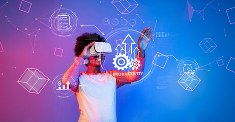 A vibrant scene featuring a person wearing a virtual reality headset and surrounded by colorful, dynamic graphics representing productivity and growth in various sectors. XDMCP