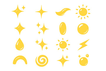 Abstract Shiny Icons. Shiny effects set of icons in abstract flat : sparkle, shining star, clean wave, glowing sun, shine rays, light reflection,