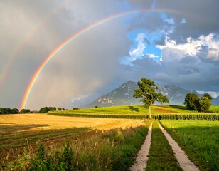 Double Rainbow Over Scenic Countryside Meadows