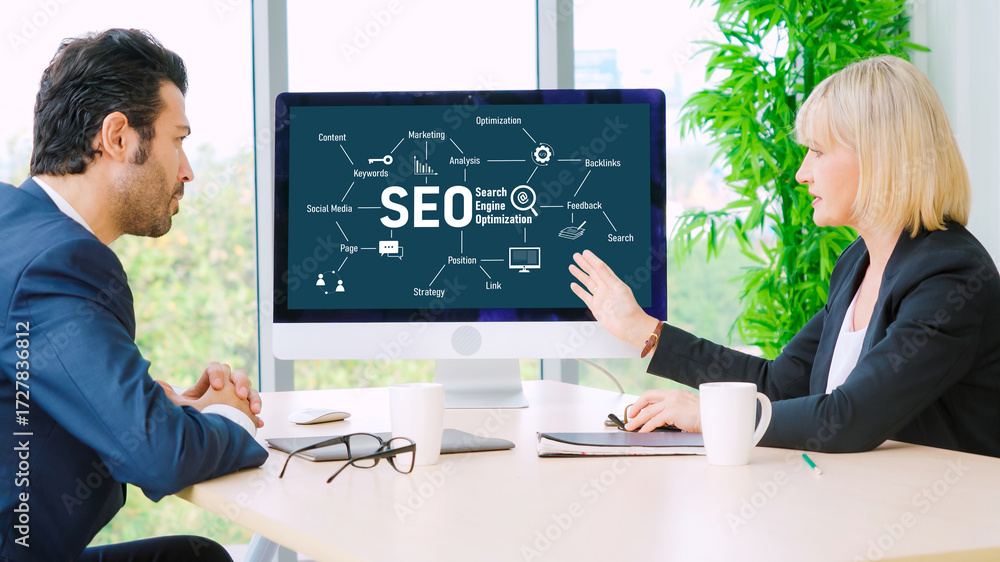 Poster seo search engine optimization for modish e-commerce and online retail business showing on computer 