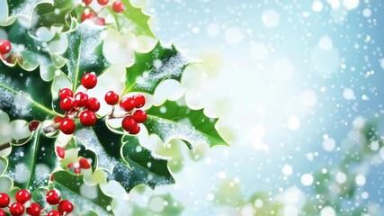 Beautiful holly leaves and red berries surrounded by snowflakes in a winter setting - Powered by Adobe
