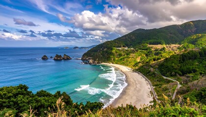 Obraz premium Coastal panorama, sunlit beach, lush hills