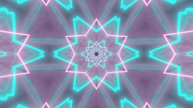 Abstract mandala neon kaleidoscope background glowing in acid tones, radiant fractal hexagonal symmetry, futuristic visual energy forming infinite geometric waves