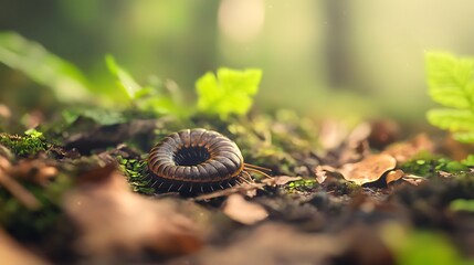 Obraz premium A coiled millipede rests on the mossy forest floor amidst fallen leaves
