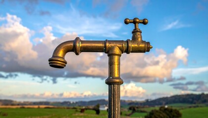 Fototapeta premium Antique brass garden faucet against a cloudy sky