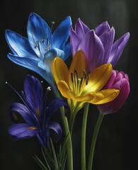 Vibrant bouquet of tulips and irises, showcasing a rich spectrum of colors against a dark backdrop.
