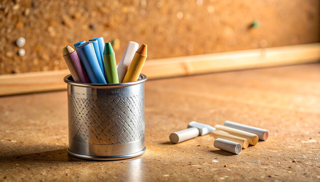 Colorful Art Supplies in Metal Container on Desk Surface