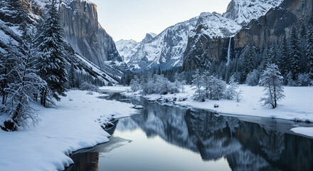 Snow-covered valley with frozen river