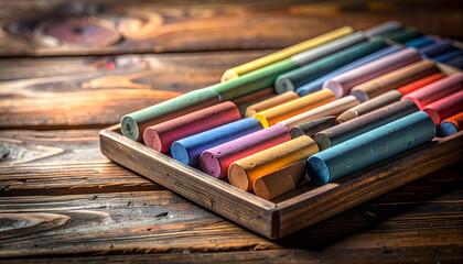 Fototapeta premium Vibrant Assortment of Chalk Sticks in Wooden Tray on Rustic Table