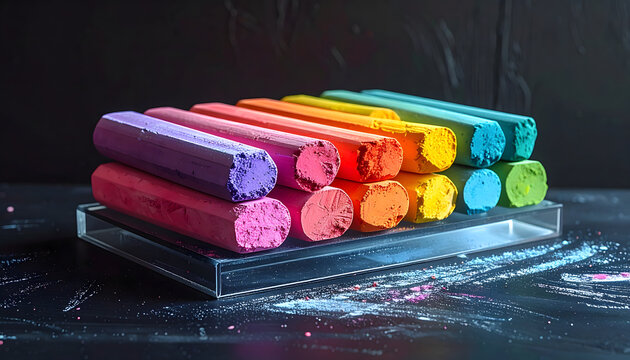 Vibrant Colorful Chalk Sticks Arranged on Clear Plastic Tray