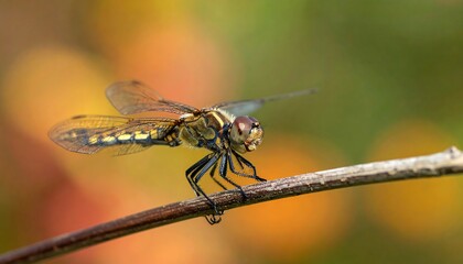 Close-up of a dragonfly resting on a branch