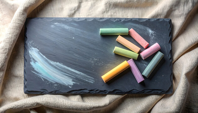 Colorful Chalk Sticks on Slate Board with Dusty Surface Texture - Powered by Adobe