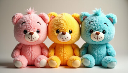 Three Adorable Plush Teddy Bears Sitting Side by Side