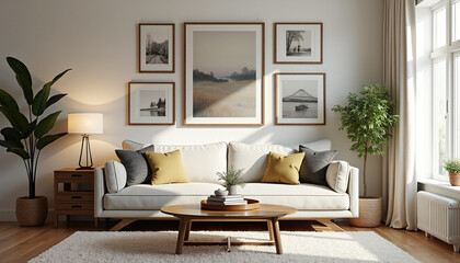 Modern Cozy Living Room with White Couch and Wooden Coffee Table