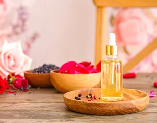 Rose essential oil, aromatherapy, wooden bowls