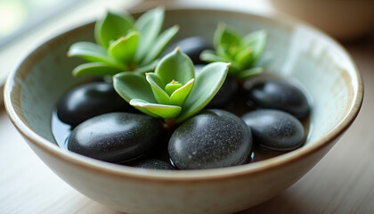 Zen Spa Stones and Green Leaves for Relaxation and Wellness