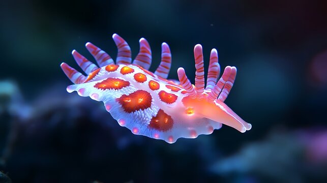 A vibrant sea slug with orange spots drifts gracefully in the blue ocean