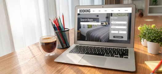 Online hotel accommodation booking website provide modish reservation system . Travel technology concept .